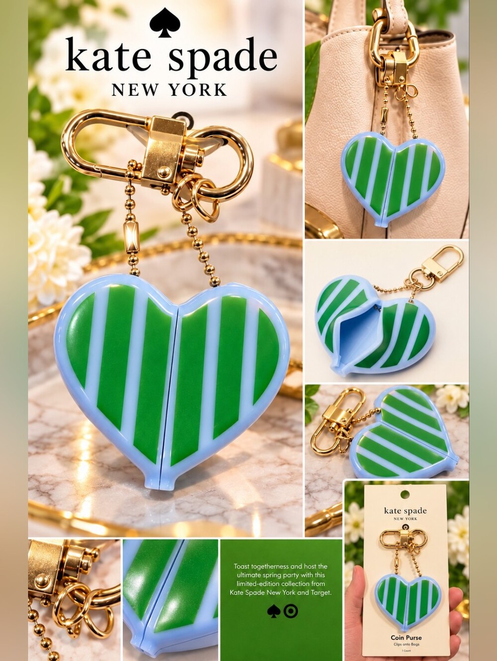 Kate Spade New York Striped Heart Coin Purse Bag Charm Keychain